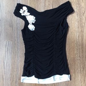 Arden B black ruched top w/ crocheted flowers